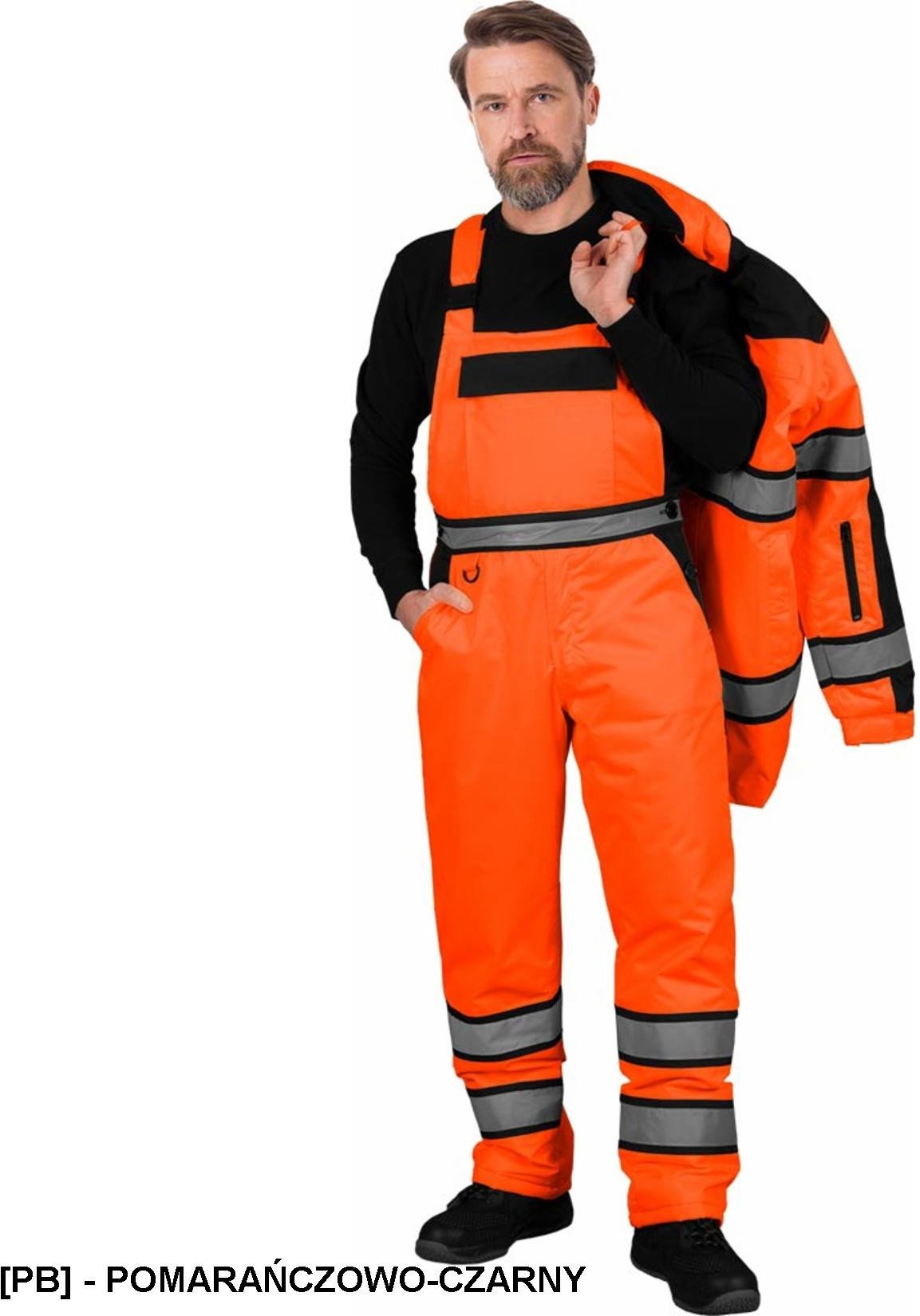 MILLING-B - ocieplane ogrodniczki, fluorescencyjny kolor, pasy odblaskowe, 9 kieszeni, powłoka podszewka wyściółka 100% - pomarańczowo-czarny 3XL
