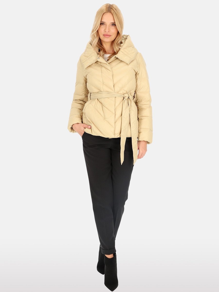 Krótka wiązana puchowa kurtka damska z kapturem Beżowy XXL