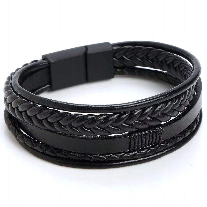 BRANSOLETKA MĘSKA SKÓRZANA CZARNA PLECIONA STAL SZLACHETNA CHIRURGICZNA 316