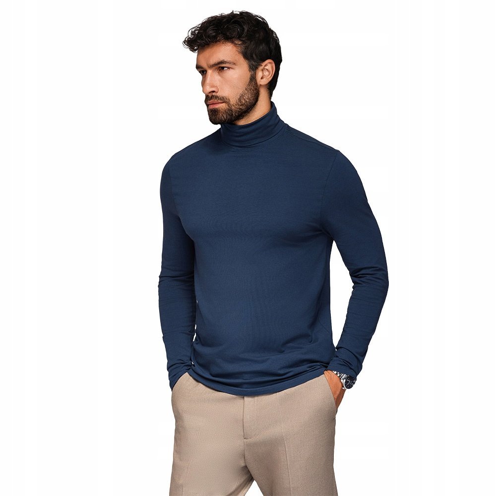 Klasyczny longsleeve męski gładki z golfem granatowy V2 OM-LSCL-0130 r. M