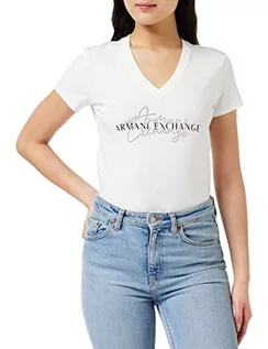 Koszulki i topy damskie - Armani Exchange Damska koszulka o dopasowanym kroju, Rhinestoned Italics Logo T-Shirt, biała, S, biały, S - grafika 1