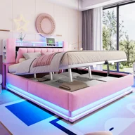 Meble do sypialni - Łóżko z pojemnikiem na pościel 180 x 200 cm i zagłówkiem - Tkanina aksamitna - Diody LED - Porty USB - Różowe (Materac nie jest dołączony) - miniaturka - grafika 1