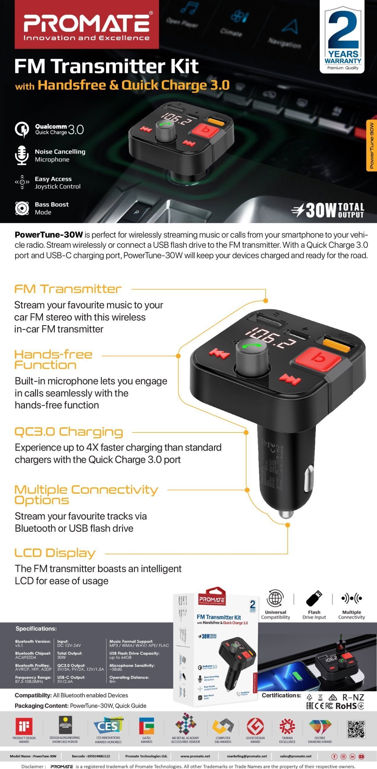 PROMATE PowerTune-30W Bluetooth FM Transmitter QC3.0 / PD30W / USB / Hands-free