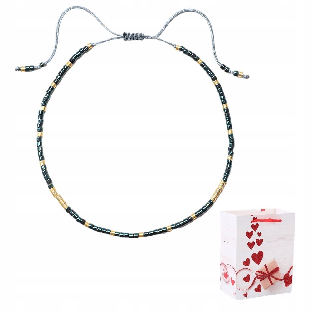 Bransoletka Cienka Złota Regulowana Koralik Szklane Miyuki Delica Grafitowa