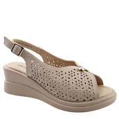 Sandały damskie - Vinceza 79529 damskie sandały skórzane na koturnie ażurowe beżowe - miniaturka - grafika 1