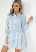 Sukienki - Niebieska Koszulowa Sukienka z Koronką Jolley - miniaturka - grafika 1