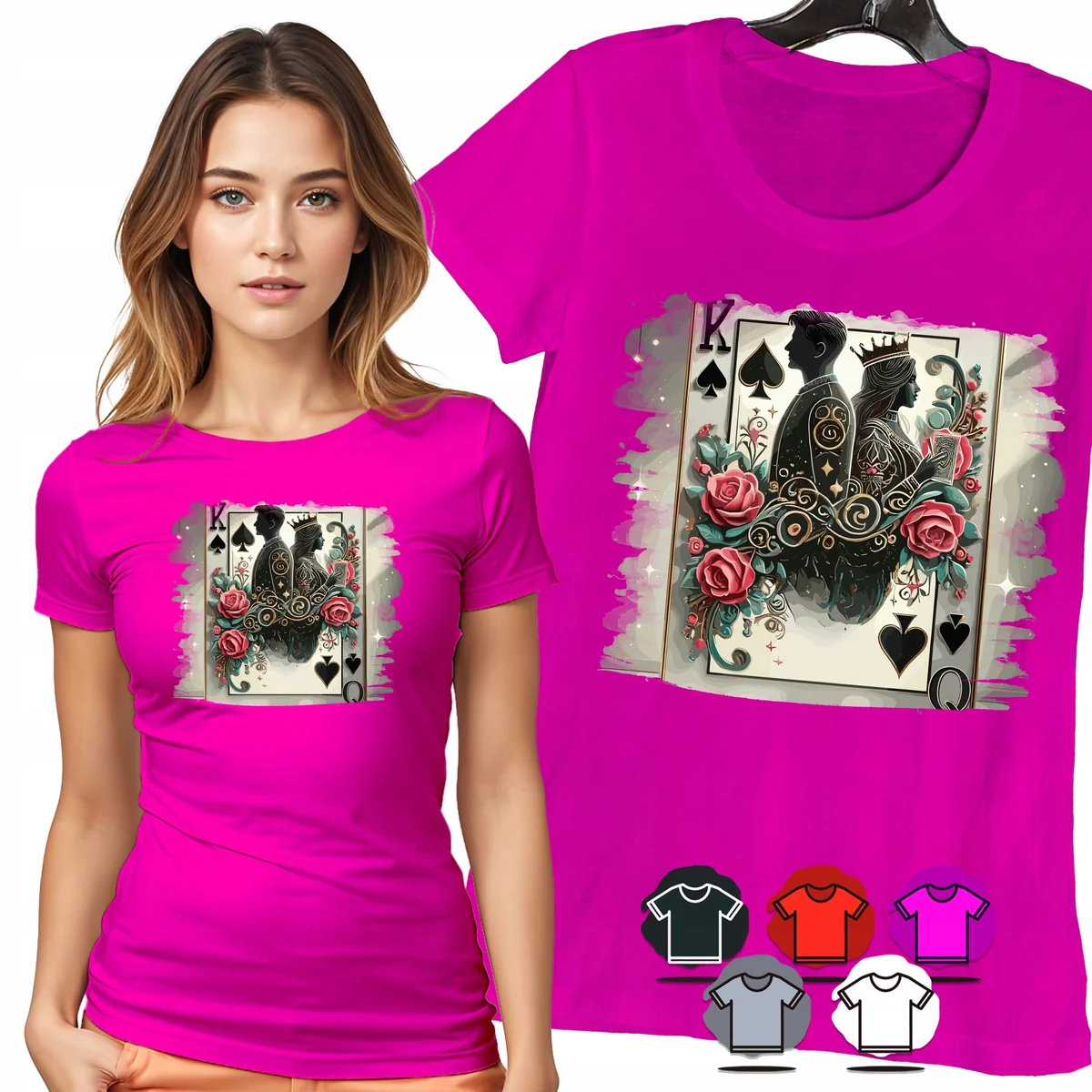 KOSZULKA DAMSKA T-SHIRT - KARTY POKER DAMA KRÓL KWIATY CZARNY WZÓR - L