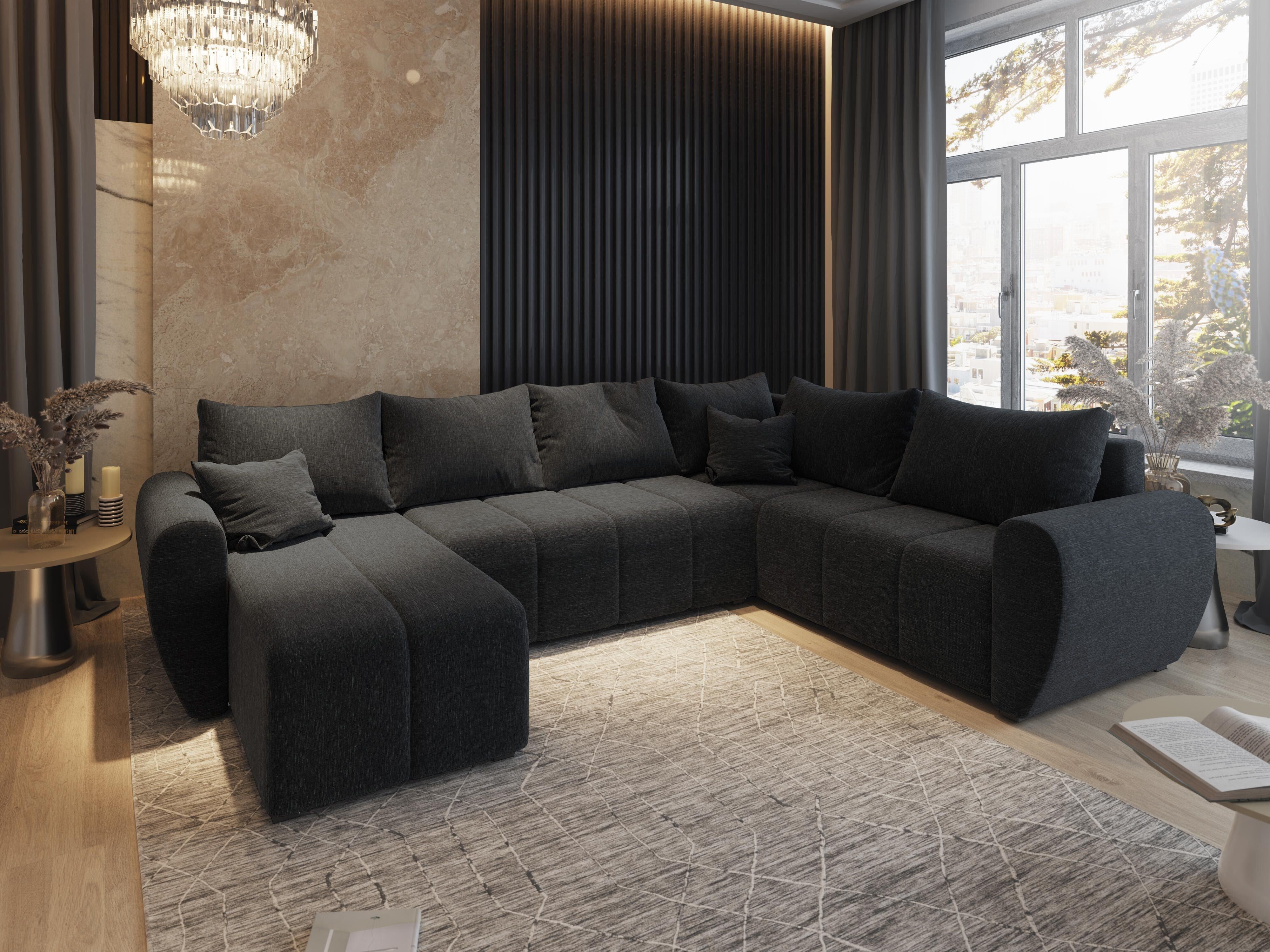 Masseno Narożnik MADISON XL R-S z funkcją spania i pojemnikiem na pościel Kształt U, Rozkładana sofa, Rogówka - Czarny, SAWANA 14