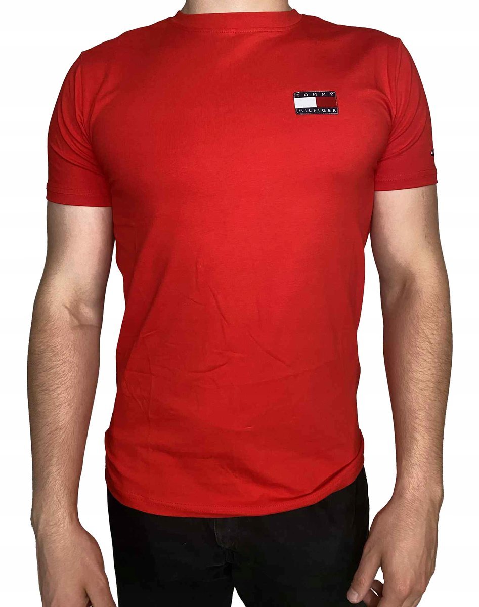 Męski T-shirt Bawełniany Czerwona Koszulka TOMMY HILFIGER z Logo Ładna r.XL