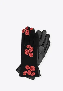 Damskie rękawiczki ocieplane z haftowanymi kwiatami czarno - czerwone - Rękawiczki Damskie rękawiczki ocieplane z haftowanymi kwiatami czarno - czerwone - Rękawiczki - miniaturka - grafika 1