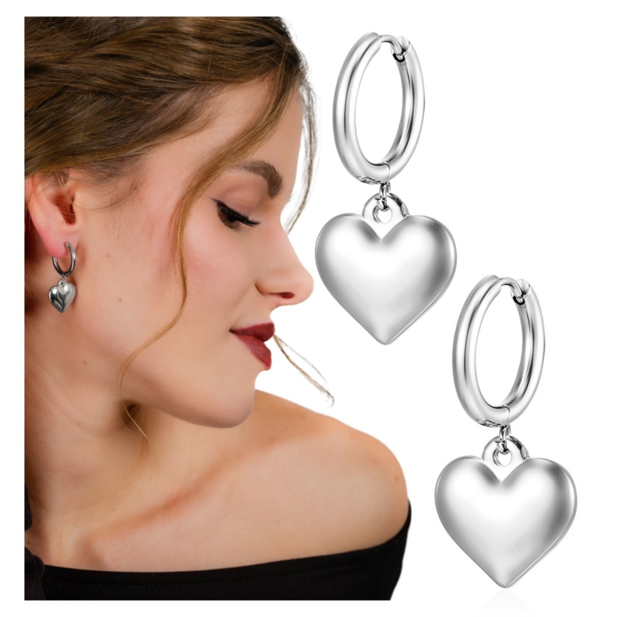 Kolczyki Długie Srebrne Wiszące Serca ze Stali Chirurgicznej 316L Subtelne