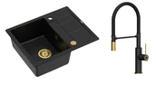 Zlewozmywaki z baterią - Quadron Unique Zlewozmywak granitowy jednokomorowy 62*50*22 cm z ociekaczem MORGAN 116 PURE CARBON z syfonem Push-2-Open w kolorze złotym z baterią GEMMA Q LINE SLIM z ruchomą wylewką kolor czarny mat/wykończenie złote/czarny wąż - miniaturka - grafika 1