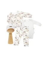 Czapki damskie - Niemowlęcy komplet 4-ro częściowy bluza, spodnie, body, czapka sarenka biały Nicol,r.80 - miniaturka - grafika 1