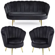 Fotele - Zestaw Glamour: sofa + 2 fotele muszelki ELIF czarny welur, złote nogi - miniaturka - grafika 1