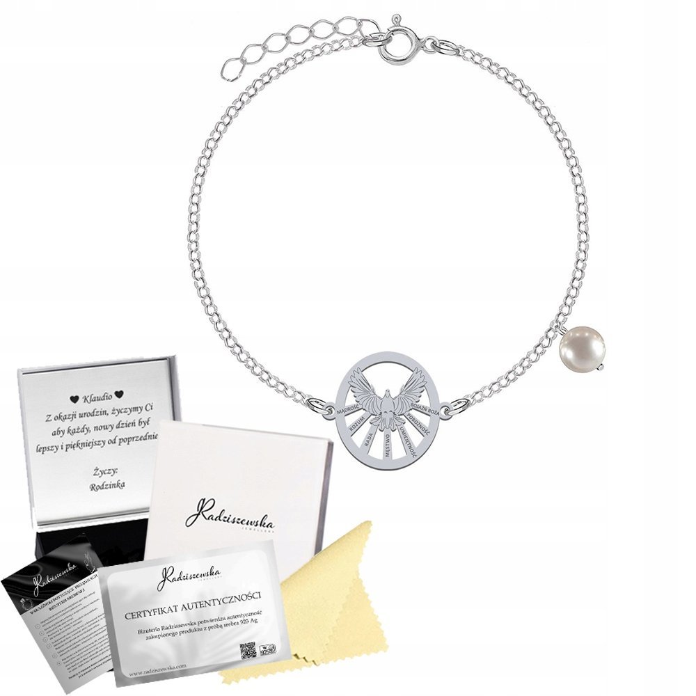 Bransoletka Srebrna Duch Święty Perła Bierzmowanie Prezent 925 GRAWER
