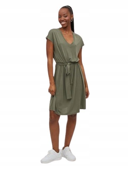 VILA SUKIENKA Z WIĄZANIEM W PASIE KOLOR KHAKI MINI CASUAL M XQA