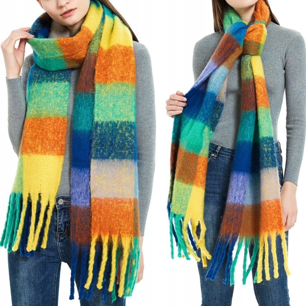 Duży ciepły szal gruby elegancki szalik damski w kratę modny chusta kolorowy