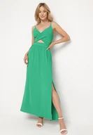 Sukienki - Zielona Sukienka na Regulowanych Ramiączkach z Wycięciami i Gumką w Pasie Folenia - miniaturka - grafika 1
