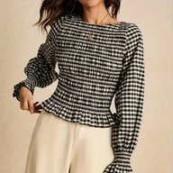 Koszule damskie - TEMU Damska koszula z długim rękawem o dopasowanym kroju, z czarno-białymi plisami w szachownicę i falbankami, idealna na jesień i zimę. - miniaturka - grafika 1