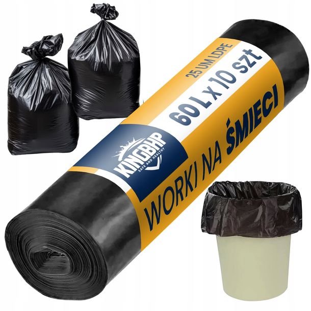 MOCNE WORKI NA ŚMIECI 60L Uniwersalne WYTRZYMAŁE 25UM czarne 10szt LDPE