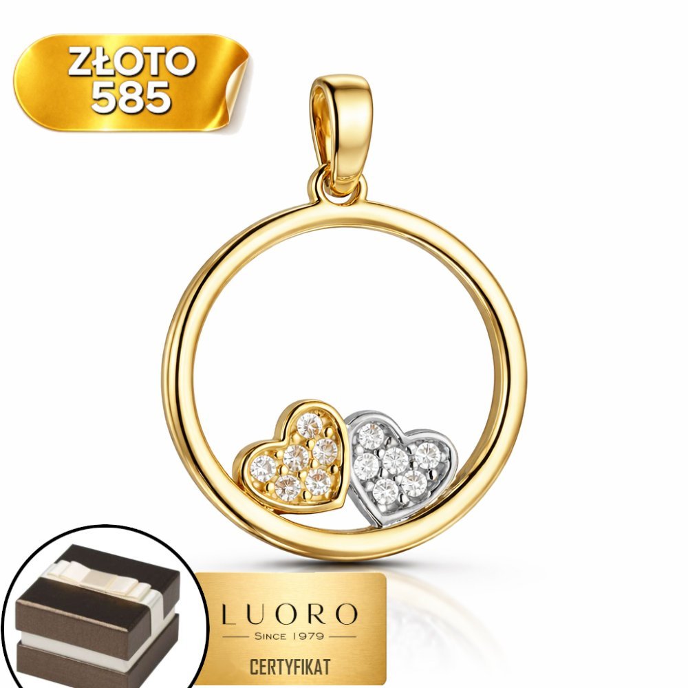 ZAWIESZKA ZŁOTA 585 14K SERCA CYRKONIE ŻÓŁTE ZŁOTO RODOWANE 21 MM
