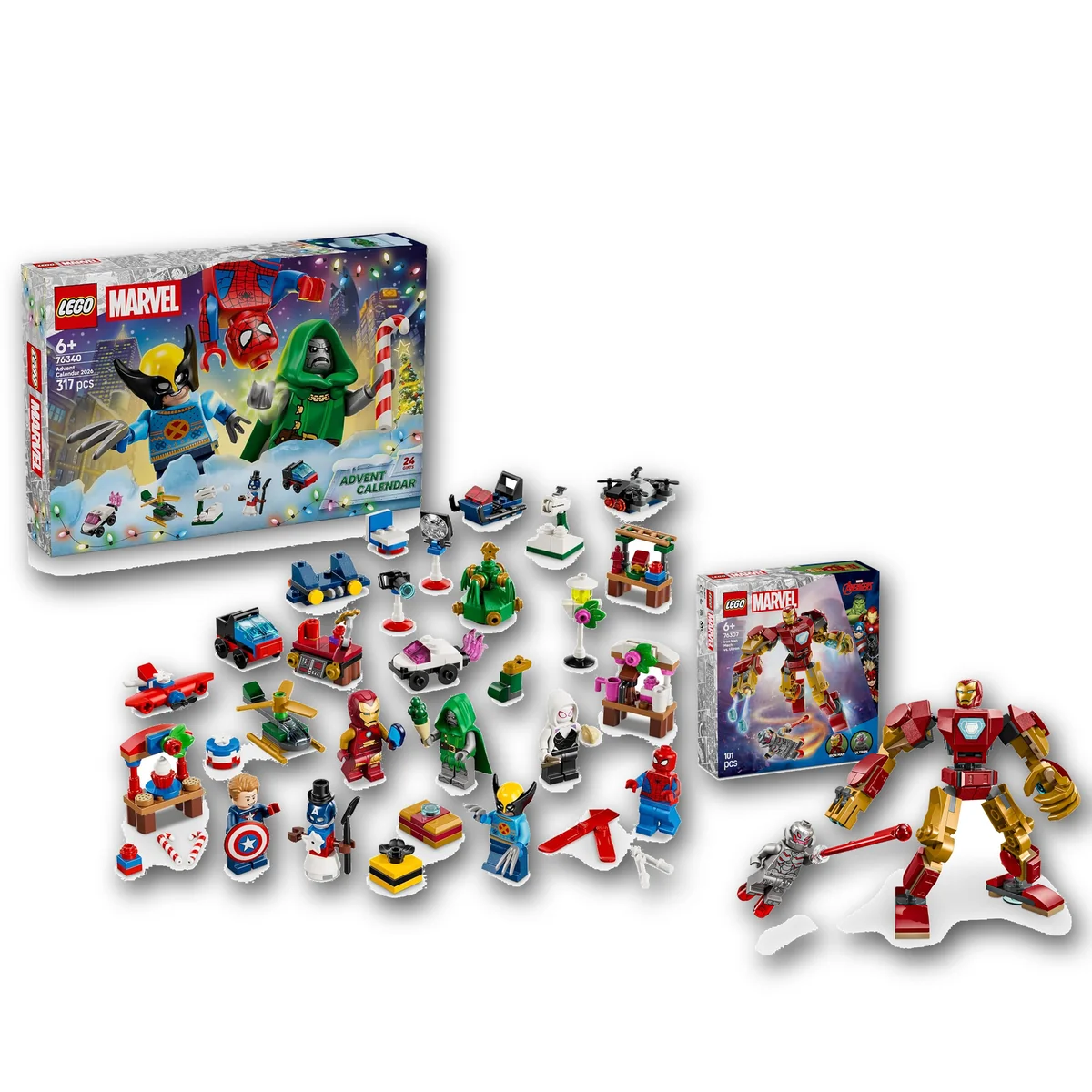 LEGO Marvel ZESTAW Kalendarz adwentowy 2026 76340 + Mech Iron Mana kontra Ultron 76307 - 418 elementów, 8 minifigurek