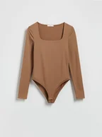 Koszulki i topy damskie - Reserved - Body z dekoltem karo - brązowy - miniaturka - grafika 1