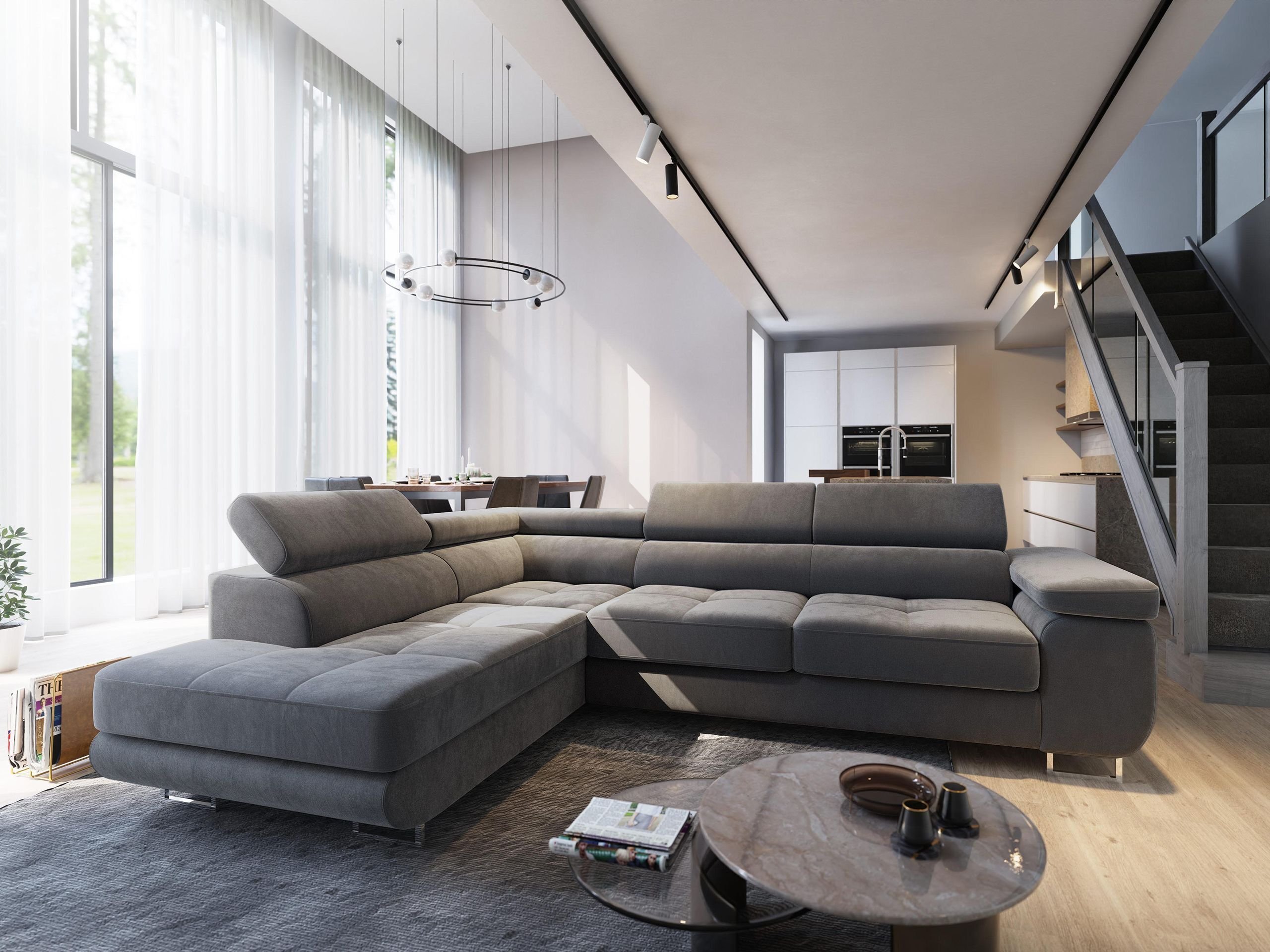 Masseno Narożnik SELVA L-S z funkcją spania i pojemnikiem na pościel Kształt L, Rozkładana sofa, Rogówka - Szary, MONOLITH 85