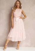 Sukienki - Różowa Taliowana Sukienka z Tiulową Spódnicą i Górą z Koronki Darela - miniaturka - grafika 1