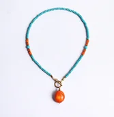 Naszyjniki - UNIKAT - naszyjnik - choker z koralem - turkusowo-pomarańczowy - miniaturka - grafika 1