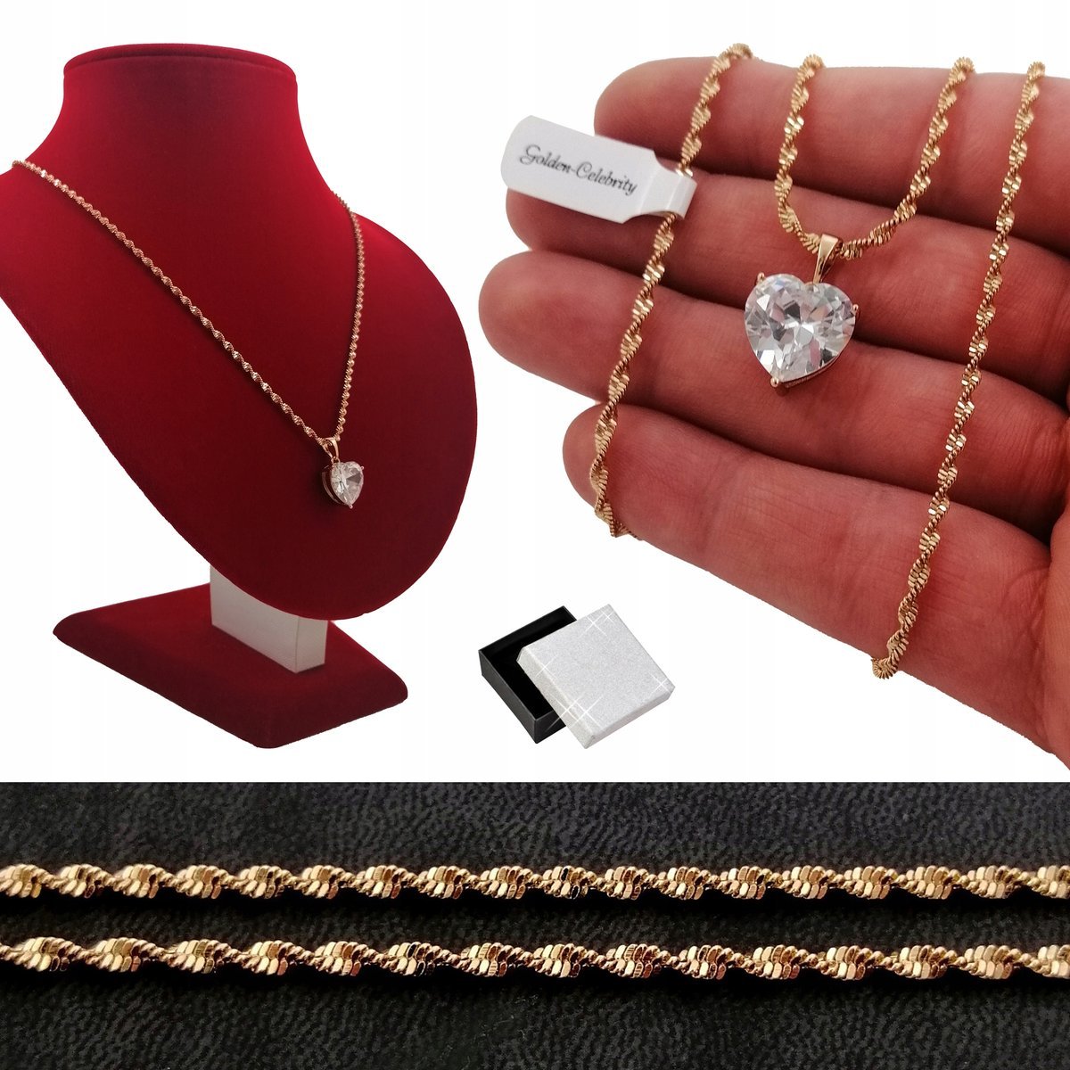 Złoty Naszyjnik Singapur+Serce Biała Cyrkonia 50Cm