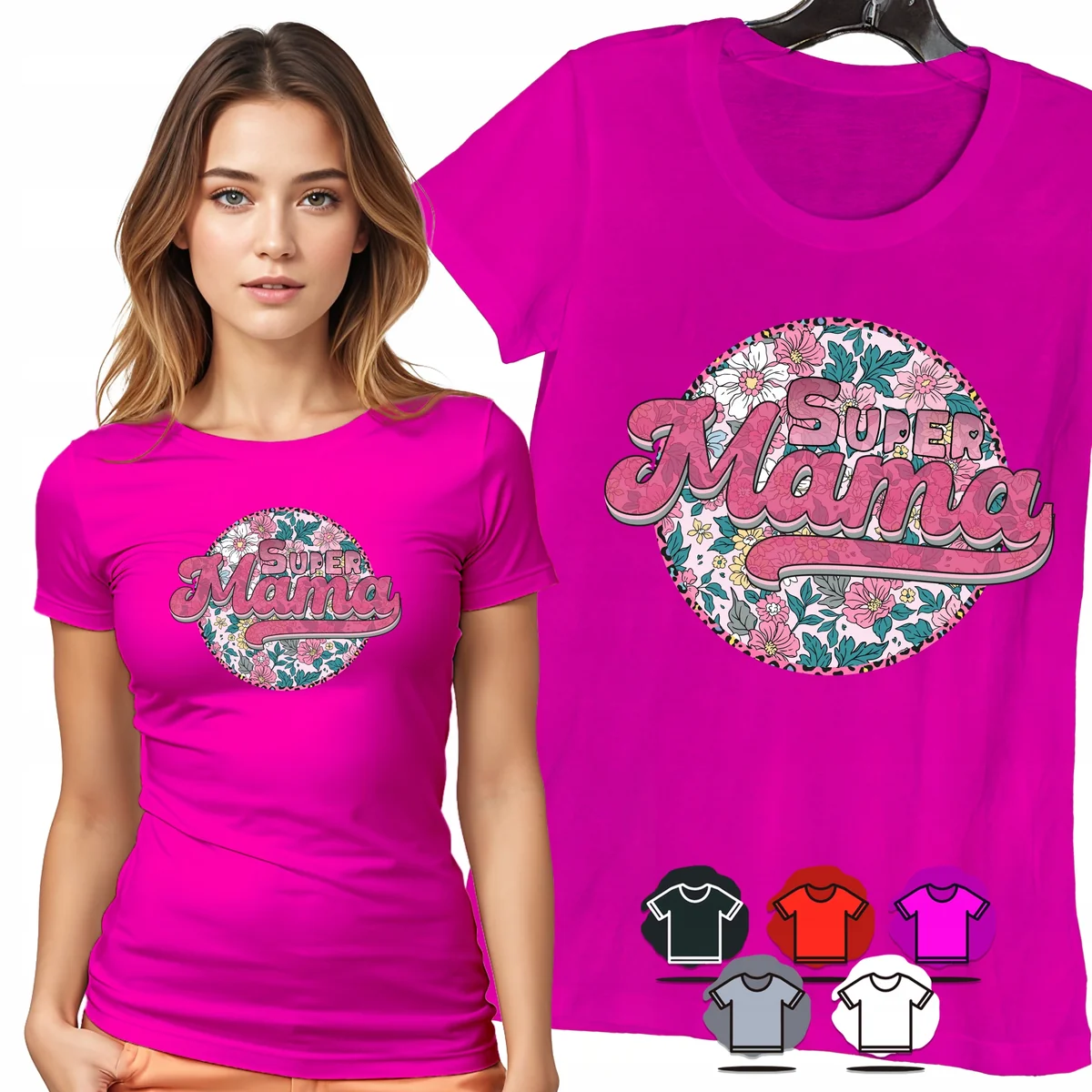 KOSZULKA DAMSKA T-SHIRT - SUPER MAMA KWIATOWE KOŁO RÓŻOWY WZÓR PREZENT - L