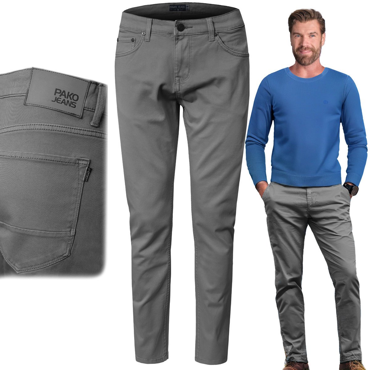 Spodnie Męskie Twillowe Bawełniane Szare Regular W36/L32 Pako Jeans