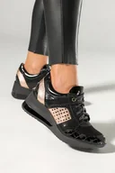 Sneakersy damskie - Czarne sneakersy skórzane damskie na koturnie buty sportowe sznurowane PRODUKT POLSKI Casu 07862-1910-19-38 - miniaturka - grafika 1