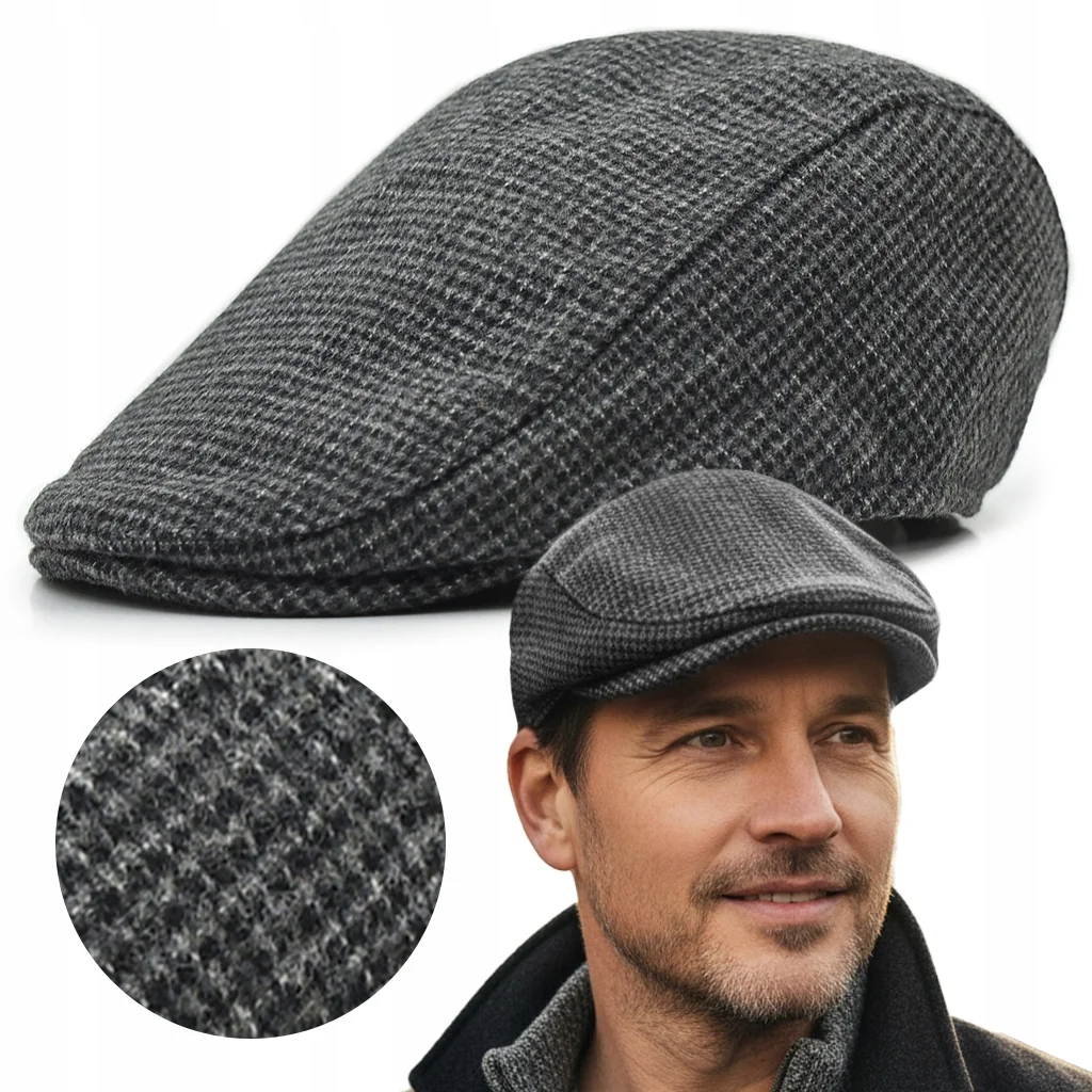 Kaszkiet Męski Zimowy Ocieplany Elegancka Czapka Krata 50% Wełny Pako Jeans
