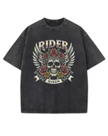 Koszulki męskie - Koszulka oversize efekt sprania Królowa Czaszka Kwiaty czarny M - miniaturka - grafika 1