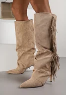Kozaki damskie - Ciemnobeżowe Kozaki z Imitacji Zamszu na Szpilce z Marszczoną Cholewką z Frędzlami Linotris - Renee - miniaturka - grafika 1