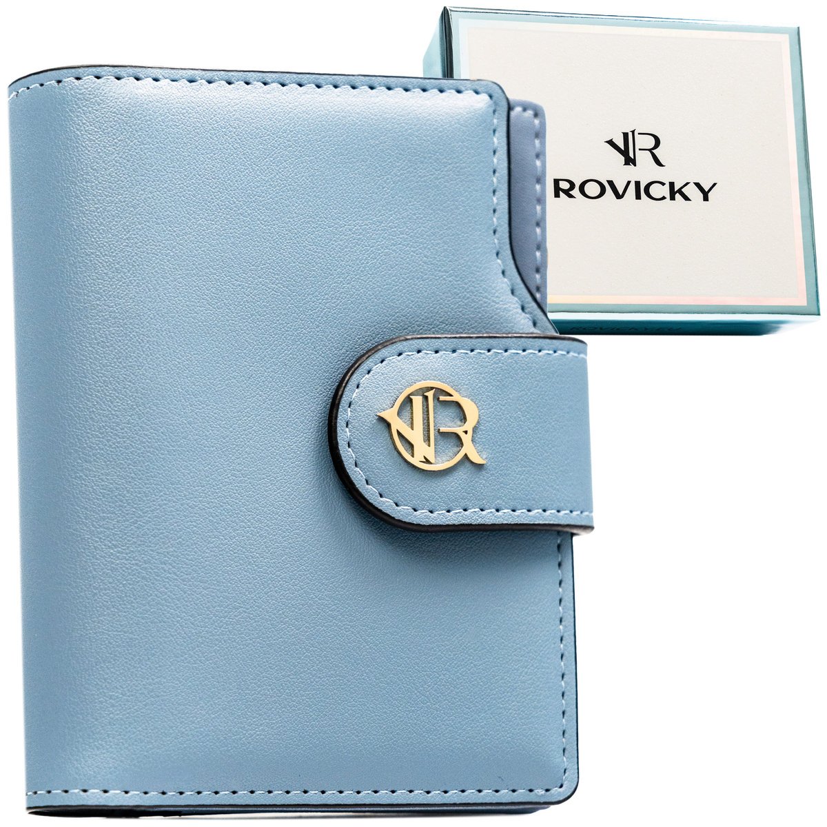 Modny portfel damski ROVICKY mały elegancki pionowy na zatrzask i suwak rozbudowany na karty ochrona RFID niebieski