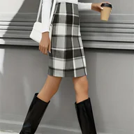 Spódnice - TEMU Elegancka Spódnica Ołówkowa w Kratę z Pełnym Zamkiem - Wysoka , Idealna do Biura i na Zimę - Spódnica Nieelastyczna, Nadająca się do Prania w - miniaturka - grafika 1
