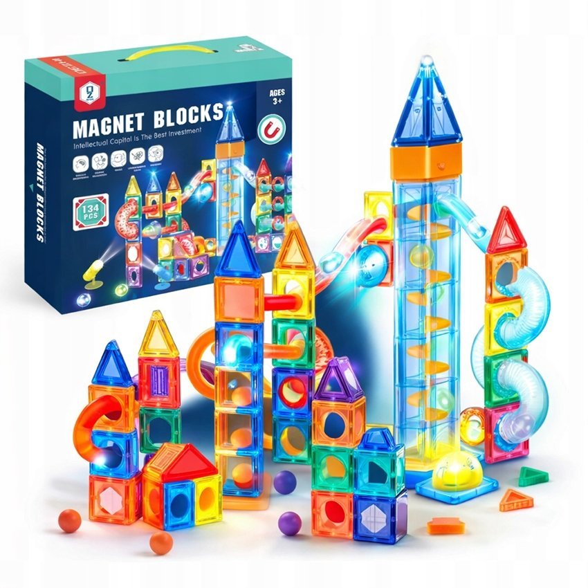 KLOCKI MAGNETYCZNE 134el ŚWIECĄCY TOR KULKOWY KULODROM 3D KONSTRUKCYJNY