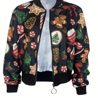 Kurtki damskie - TEMU Kurtka Damska z Nadrukiem Świątecznym – Motywy Bożonarodzeniowe ( Cukrowe, Sosny, Gwiazdy) na Czarnym Tle, Długi Rękaw Okrągły Dekolt, Casualowa - miniaturka - grafika 1