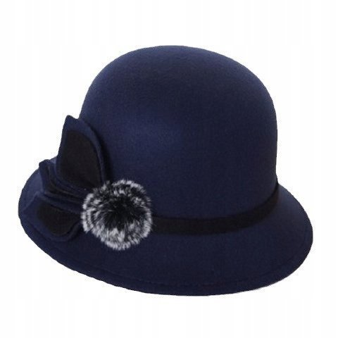 granatowy KAPELUSZ damski typu BUCKET elegancki CYLINDER do płaszcza