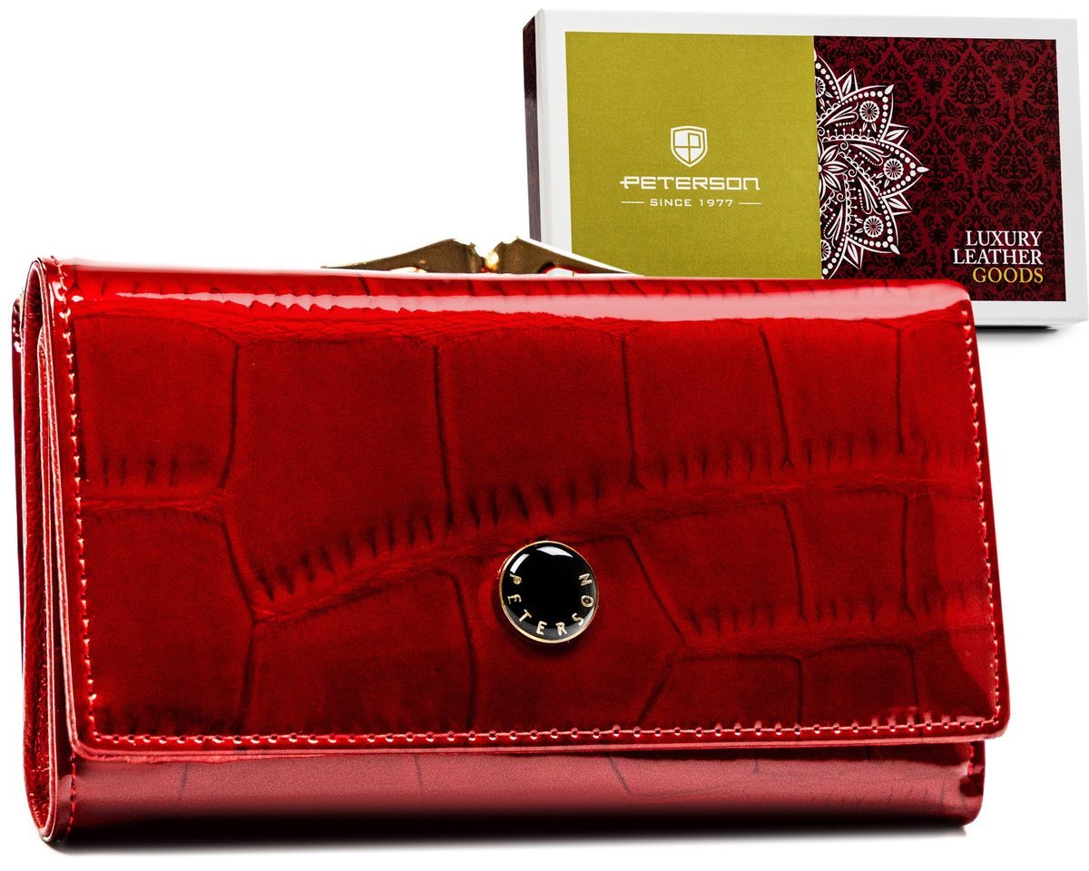PETERSON Elegancki czerwony portfel damski z lakierowanej skóry naturalnej portmonetka na bigiel ochrona kart RFID