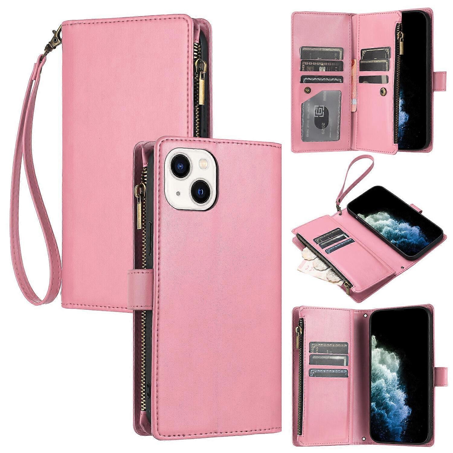 Foxdock Kompatybilny z etui-portfelem do iPhone'a 15 Premium Zipper Duża przestrzeń Klapka ze skóry PU Różowy
