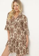 Sukienki - Brązowo-Beżowa Bawełniana Rozkloszowana Sukienka z Falbankami Miloa - miniaturka - grafika 1