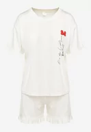 Piżamy damskie - Jasnobeżowy Komplet Piżamowy Koszulka z Nadrukiem i Szorty z Falbanką Sylvoria - miniaturka - grafika 1
