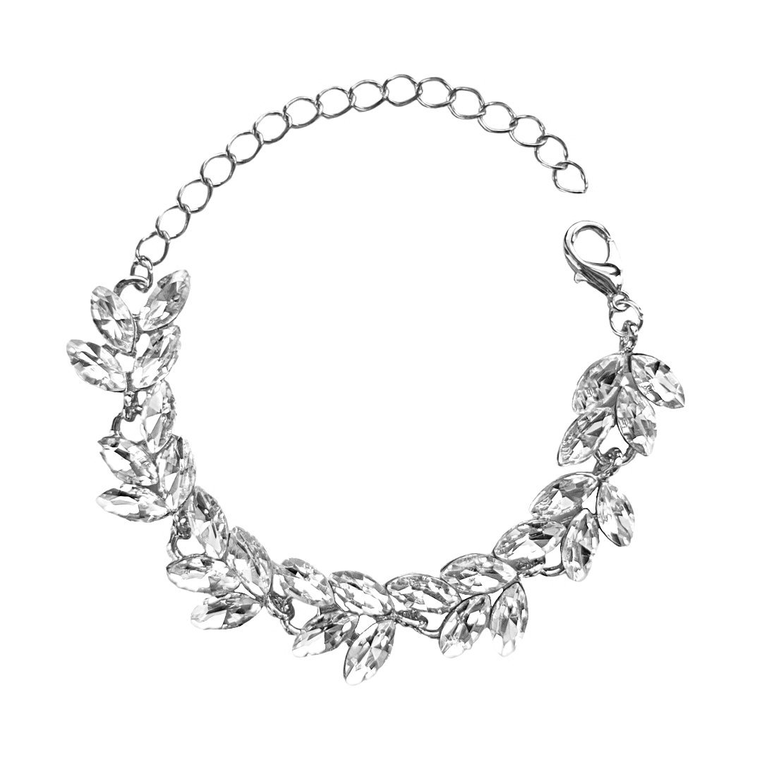 Wieczorowa bransoletka z listkami regulowana cyrkonie elegancka srebro