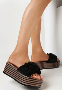 Czarne Klapki na Platformie z Ozdobnymi Kwiatami na Pasku Idana - Klapki i japonki damskie - miniaturka - grafika 1