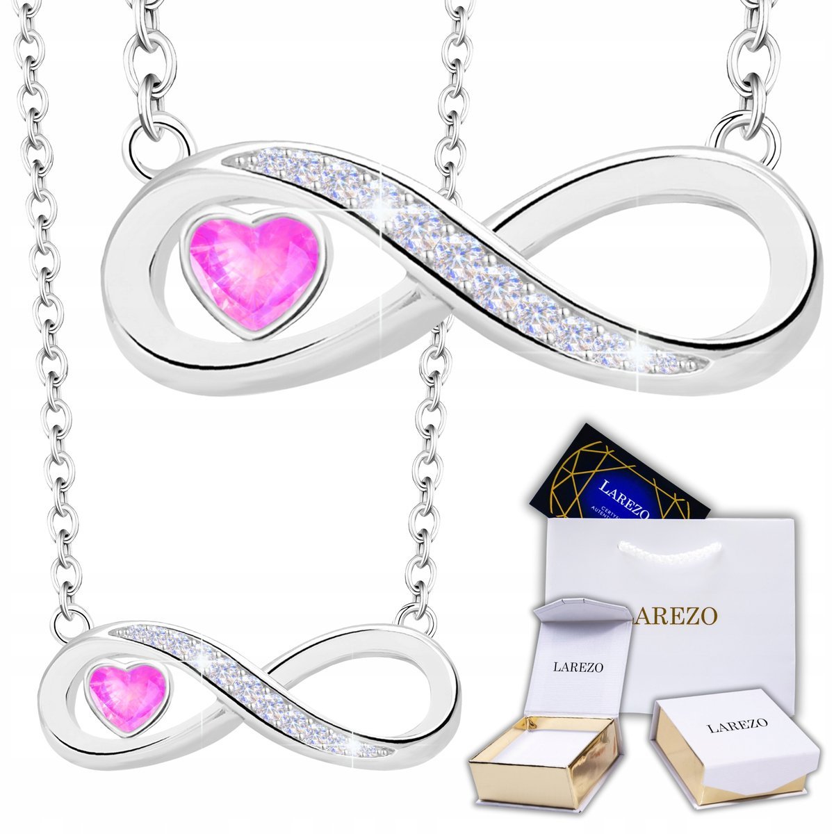 Srebrny Naszyjnik Infinity 925 ze Znakiem Nieskończoności Różowe Serce Love