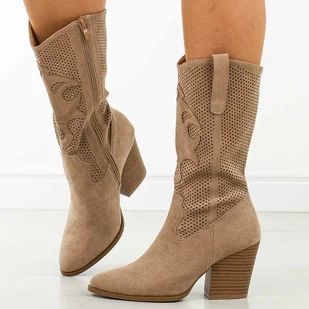 Beżowe jesienne kozaki damskie, kowbojki S.Barski 606 - S.BARSKI - Botki damskie - miniaturka - grafika 1